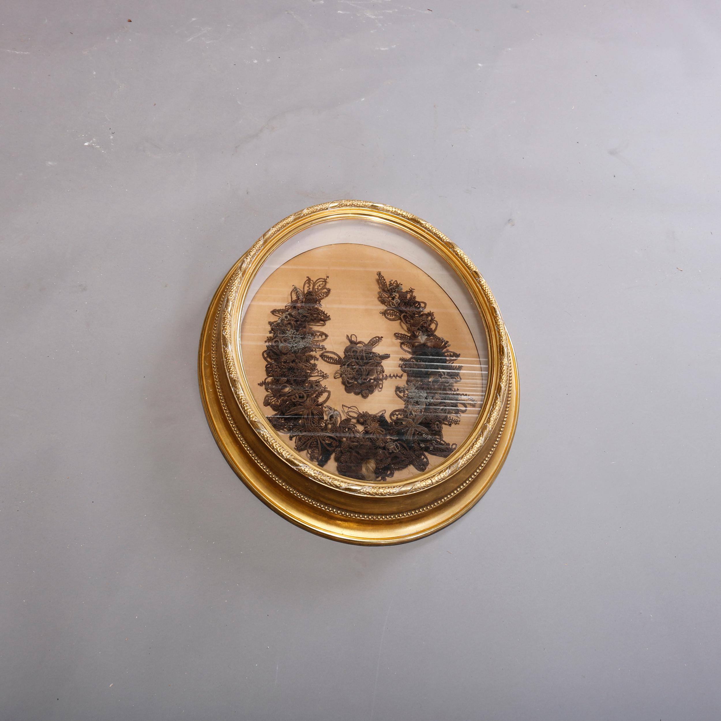American Antique Victorian Mourning Hair Wreath in Giltwood Shadowbox Frame, circa 1880