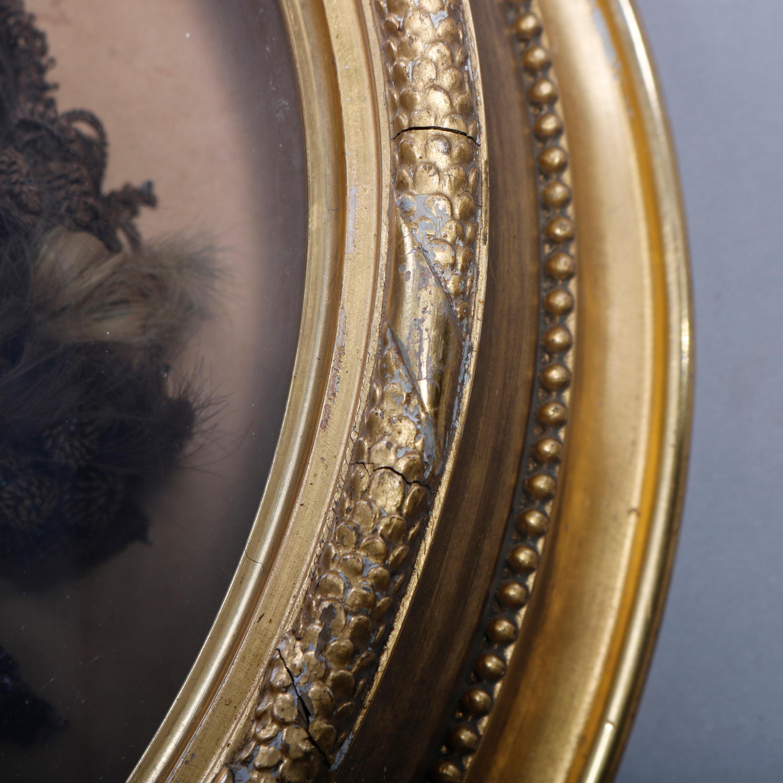 Carved Antique Victorian Mourning Hair Wreath in Giltwood Shadowbox Frame, circa 1880