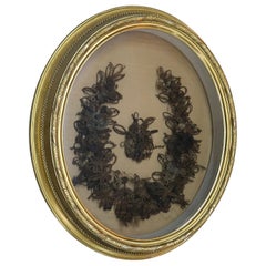 Antique Victorian Mourning Hair Wreath in Giltwood Shadowbox Frame, circa 1880