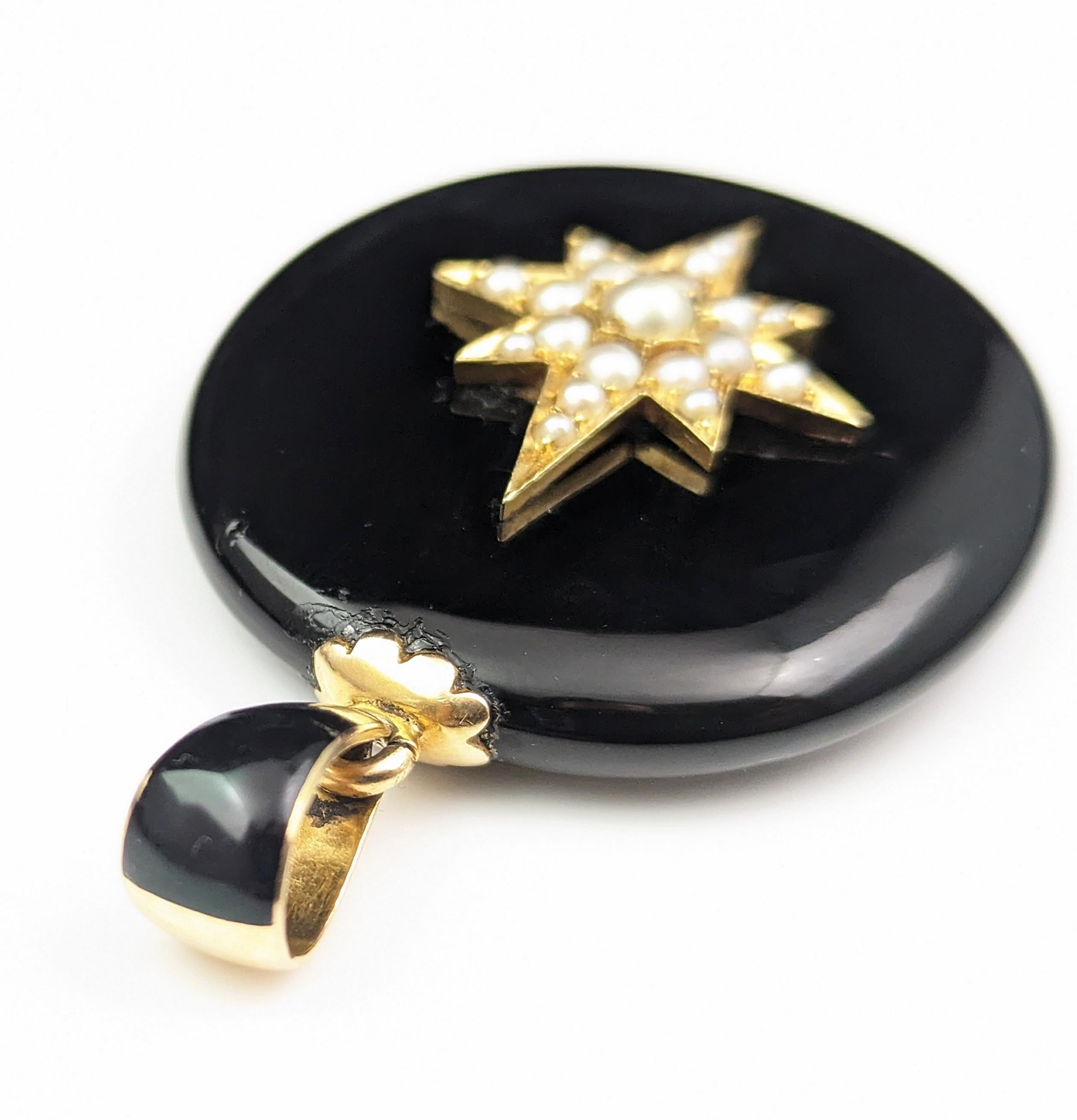 Antique Victorian Mourning Locket, 15k Gold and Pearl Star, Whitby Jet, Cased 10