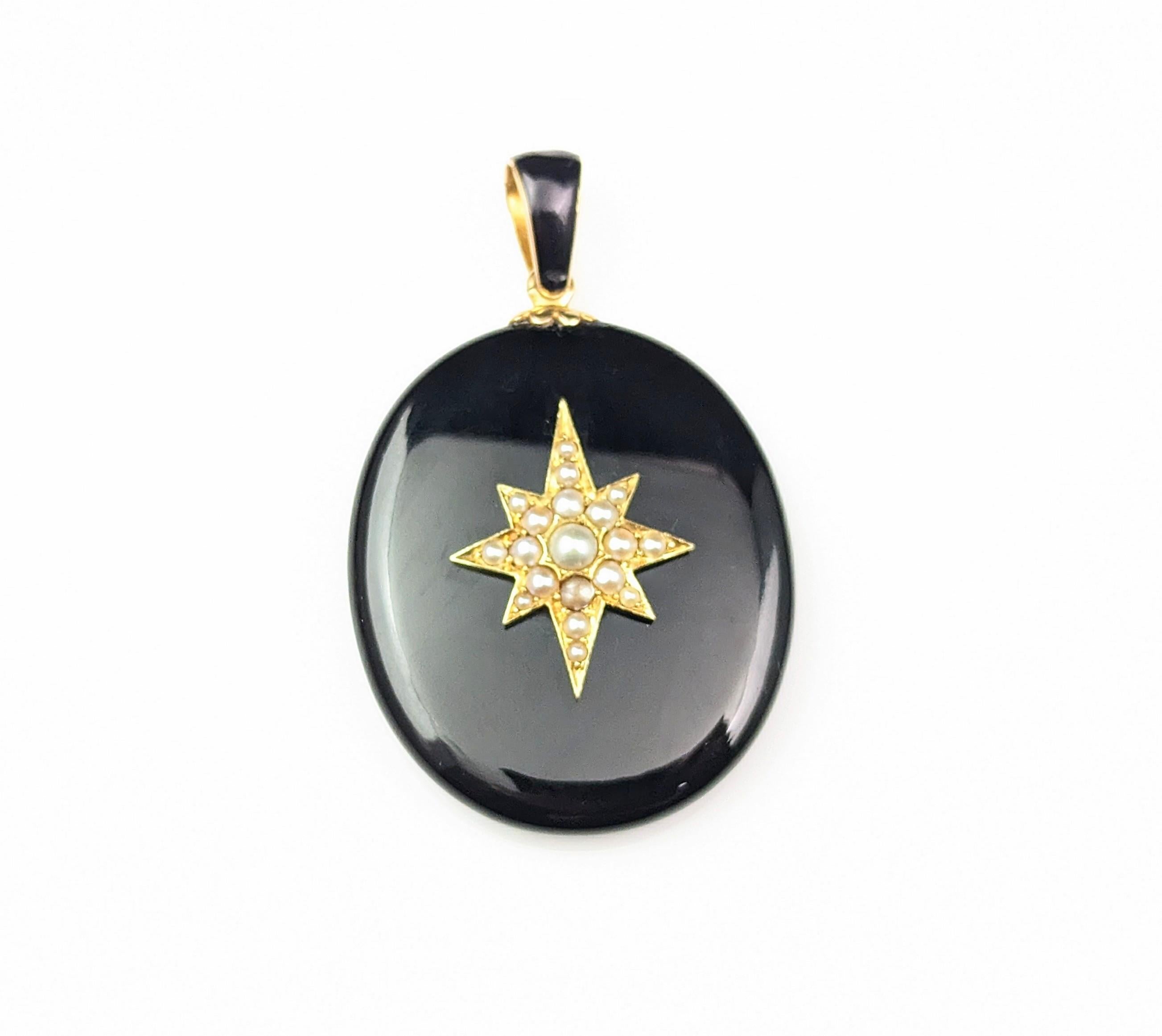 Antique Victorian Mourning Locket, 15k Gold and Pearl Star, Whitby Jet, Cased 11