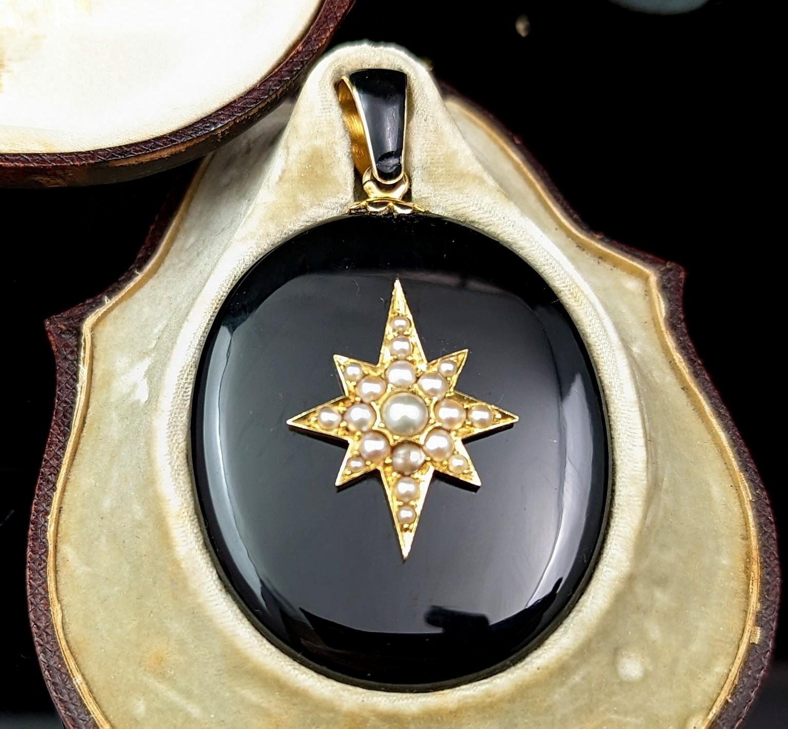 Cabochon Antique Victorian Mourning Locket, 15k Gold and Pearl Star, Whitby Jet, Cased