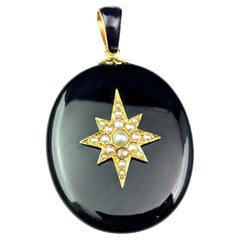 Antique Victorian Mourning Locket, 15k Gold and Pearl Star, Whitby Jet, Cased