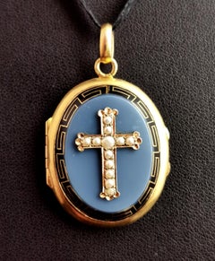 Antique Victorian Mourning Locket, 18k Gold, Chalcedony, Pearl Cross