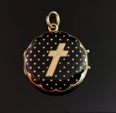 Antique Victorian Mourning Locket, 9k Gold, Black Enamel, Cross Design
