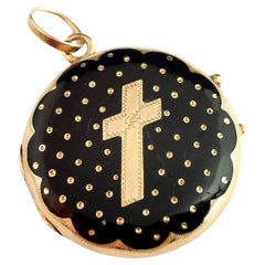 Antique Victorian Mourning Locket, 9k Gold, Black Enamel, Cross Design