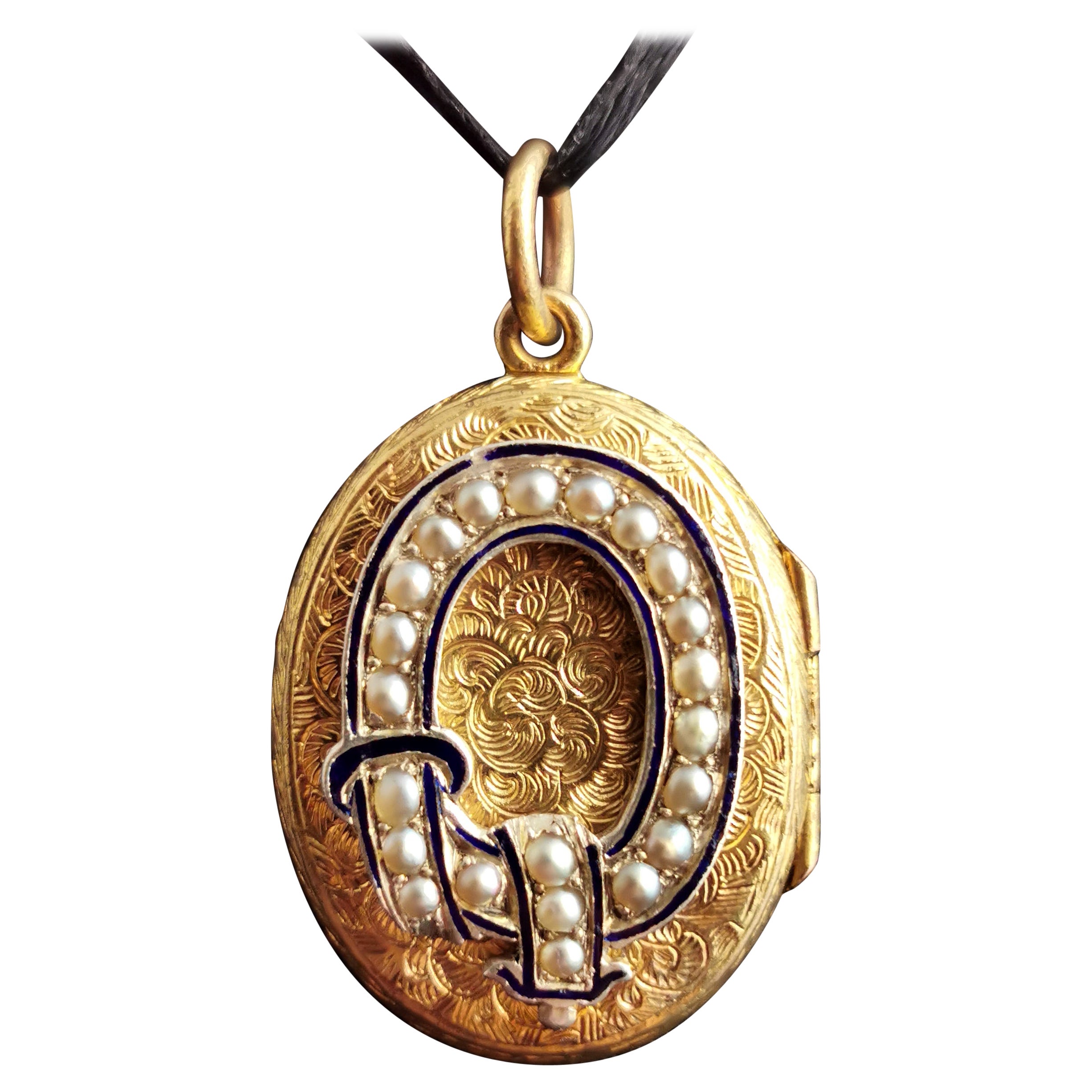Antique Victorian Mourning Locket Pendant, 9k Gold, Pearl and Blue Enamel Buckle