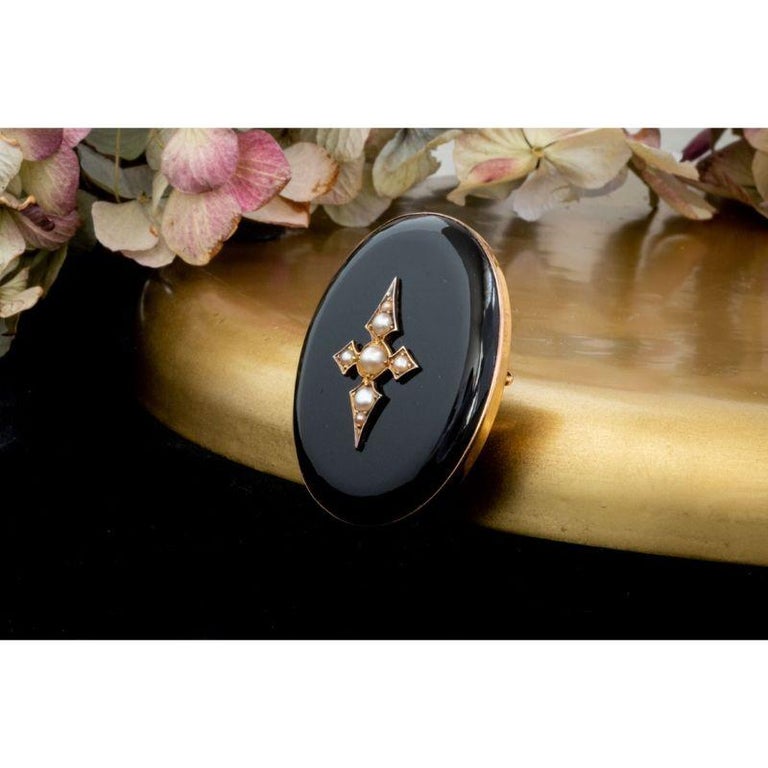 Women's or Men's Antique Victorian Mourning Onyx Pearl Locket Pendant and Brooch, Hair Locket