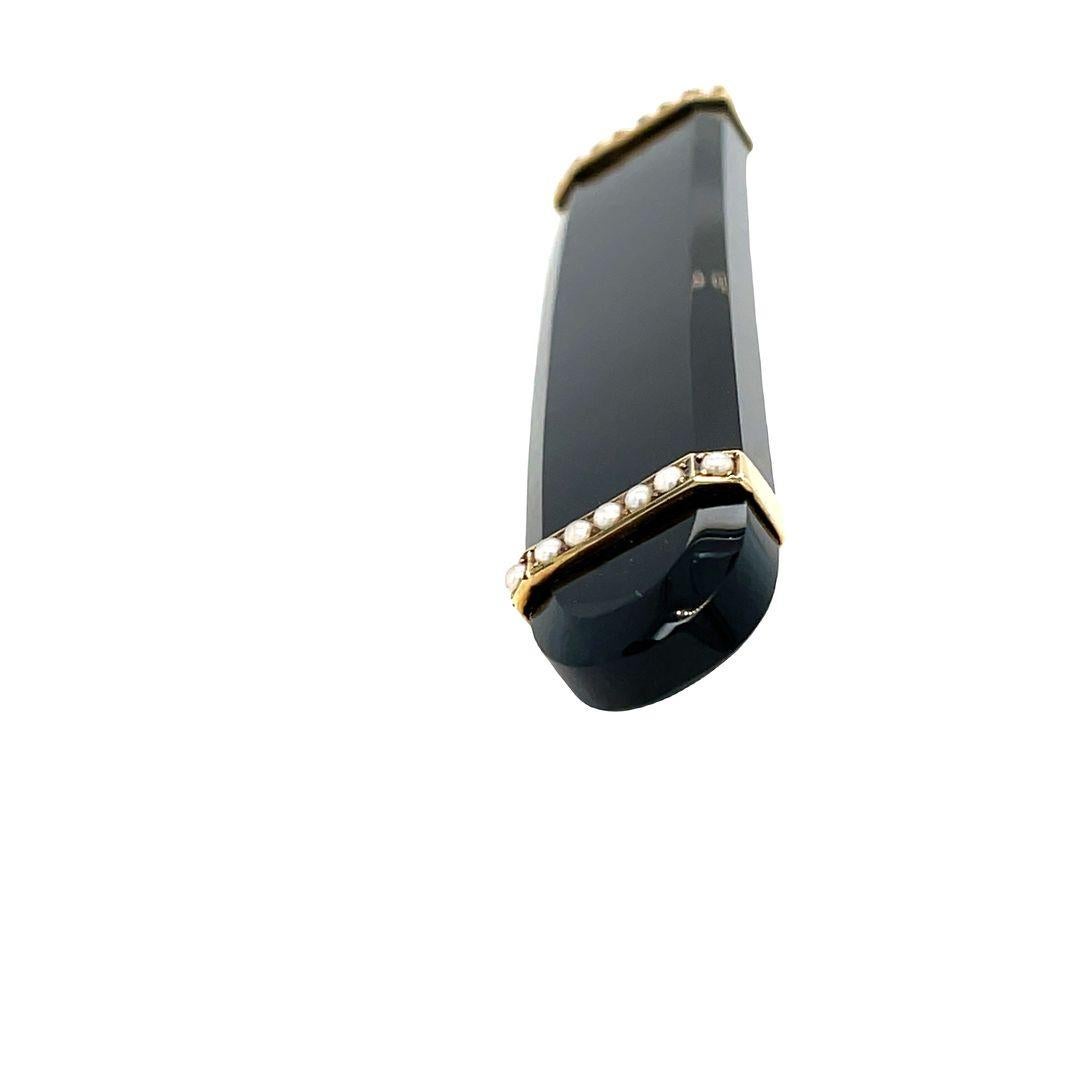 Emerald Cut Antique Victorian Mourning Pin or Brooch With Onyx & Seed Pearls 14K Yellow Gold For Sale