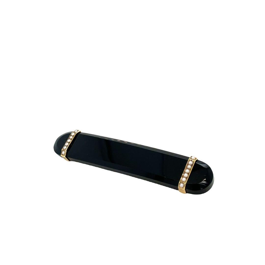 Women's Antique Victorian Mourning Pin or Brooch With Onyx & Seed Pearls 14K Yellow Gold For Sale
