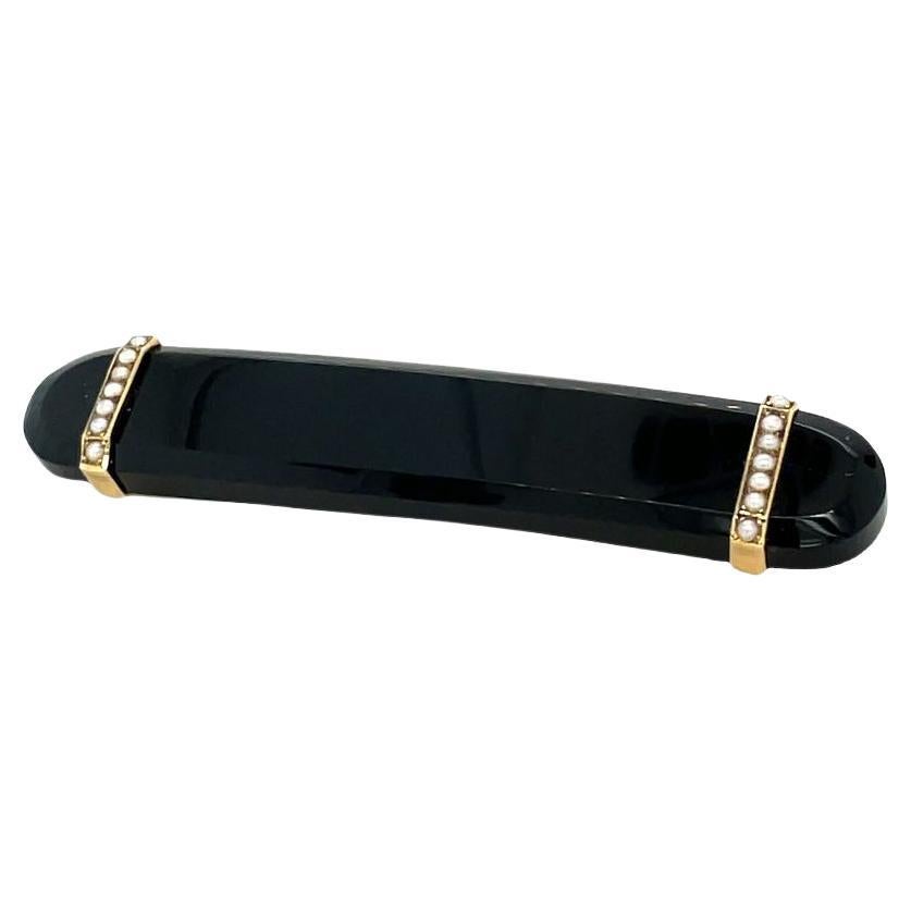 Antike viktorianische Trauernadel oder Brosche mit Onyx und Saatperlen 14K Gelbgold