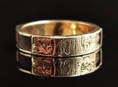 Antique Victorian Mourning Ring, 15k Gold, Hairwork, MW Initials