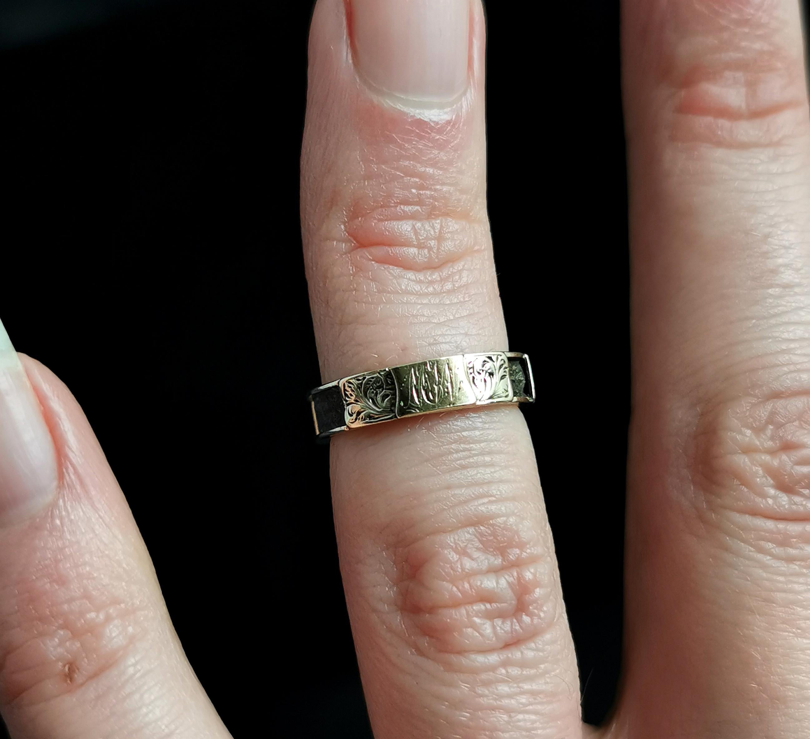 Women's or Men's Antique Victorian Mourning Ring, 15k Gold, Hairwork, MW Initials