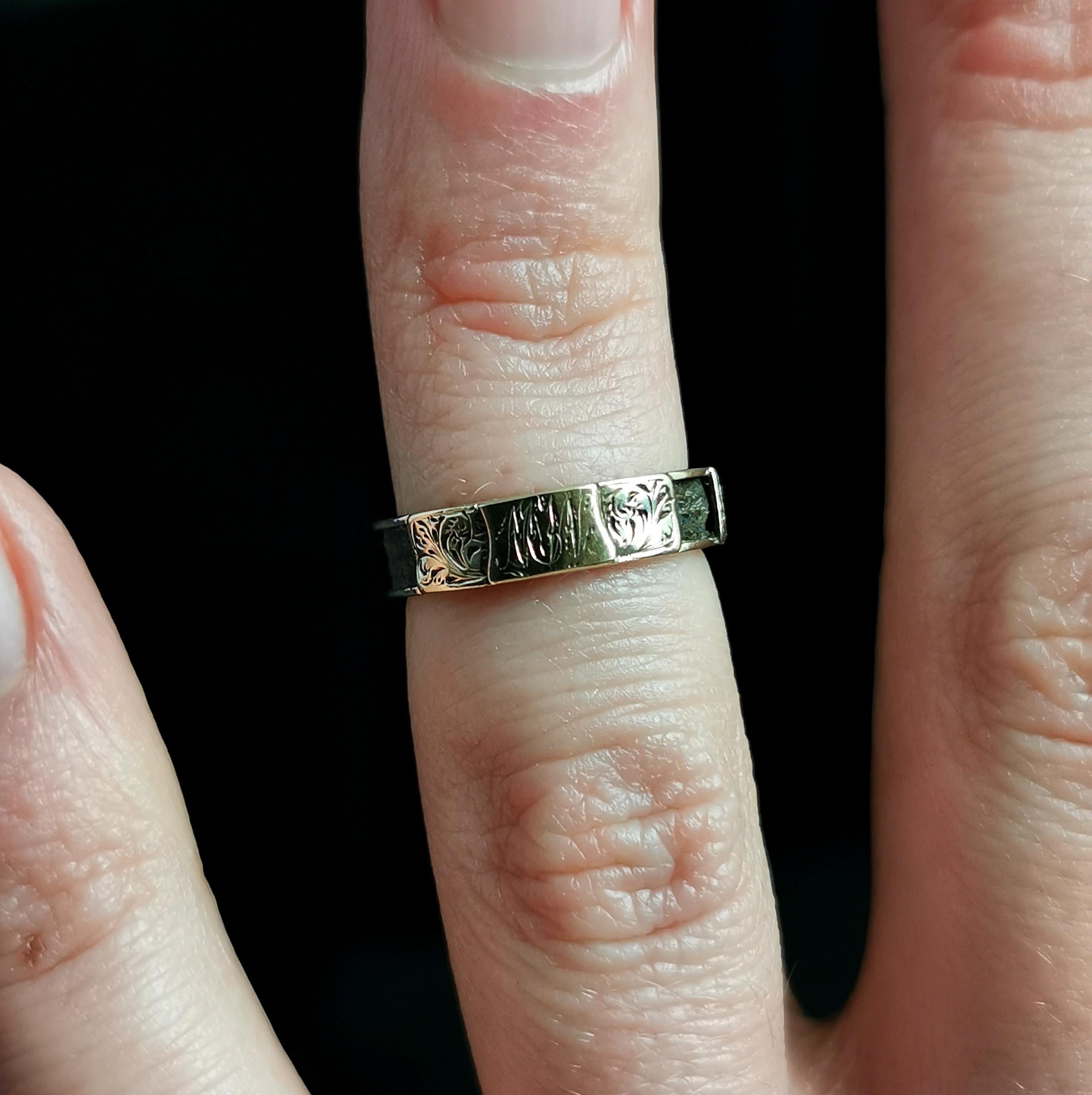 Antique Victorian Mourning Ring, 15k Gold, Hairwork, MW Initials 2