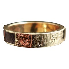 Antique Victorian Mourning Ring, 15k Gold, Hairwork, MW Initials
