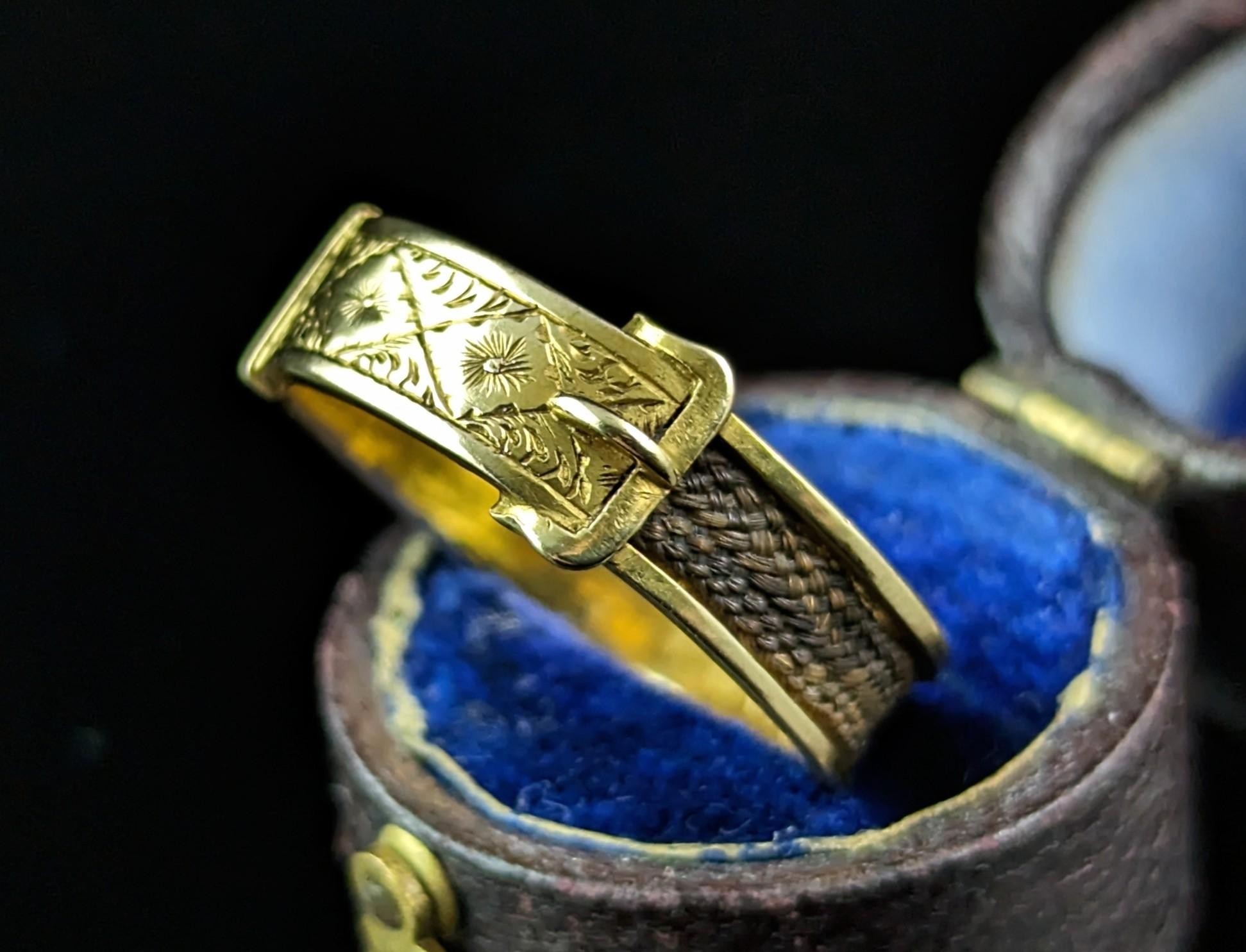 Antique Victorian Mourning ring, 18k gold and hairwork, Buckle design  For Sale 1