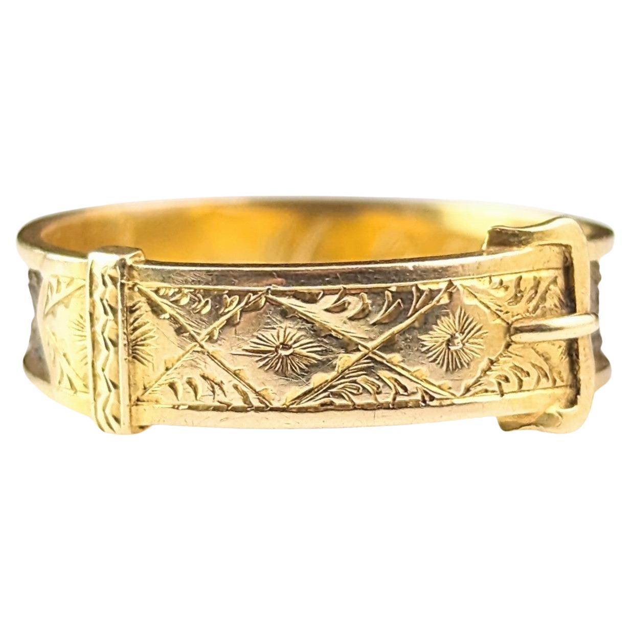 Antique Victorian Mourning ring, 18k gold and hairwork, Buckle design  For Sale