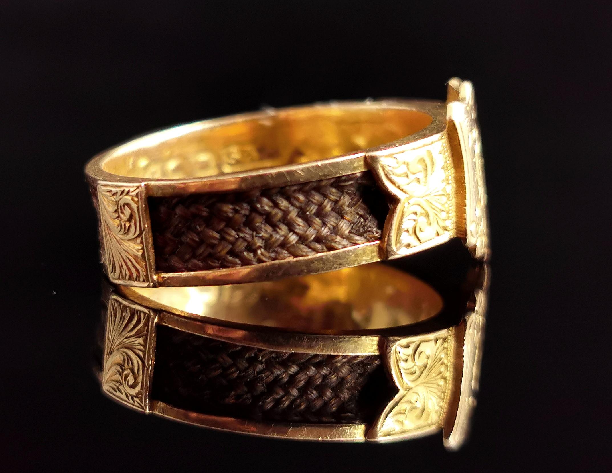 Antique Victorian Mourning Ring, 18k Gold, Hairwork, Initial M Signet In Fair Condition In NEWARK, GB