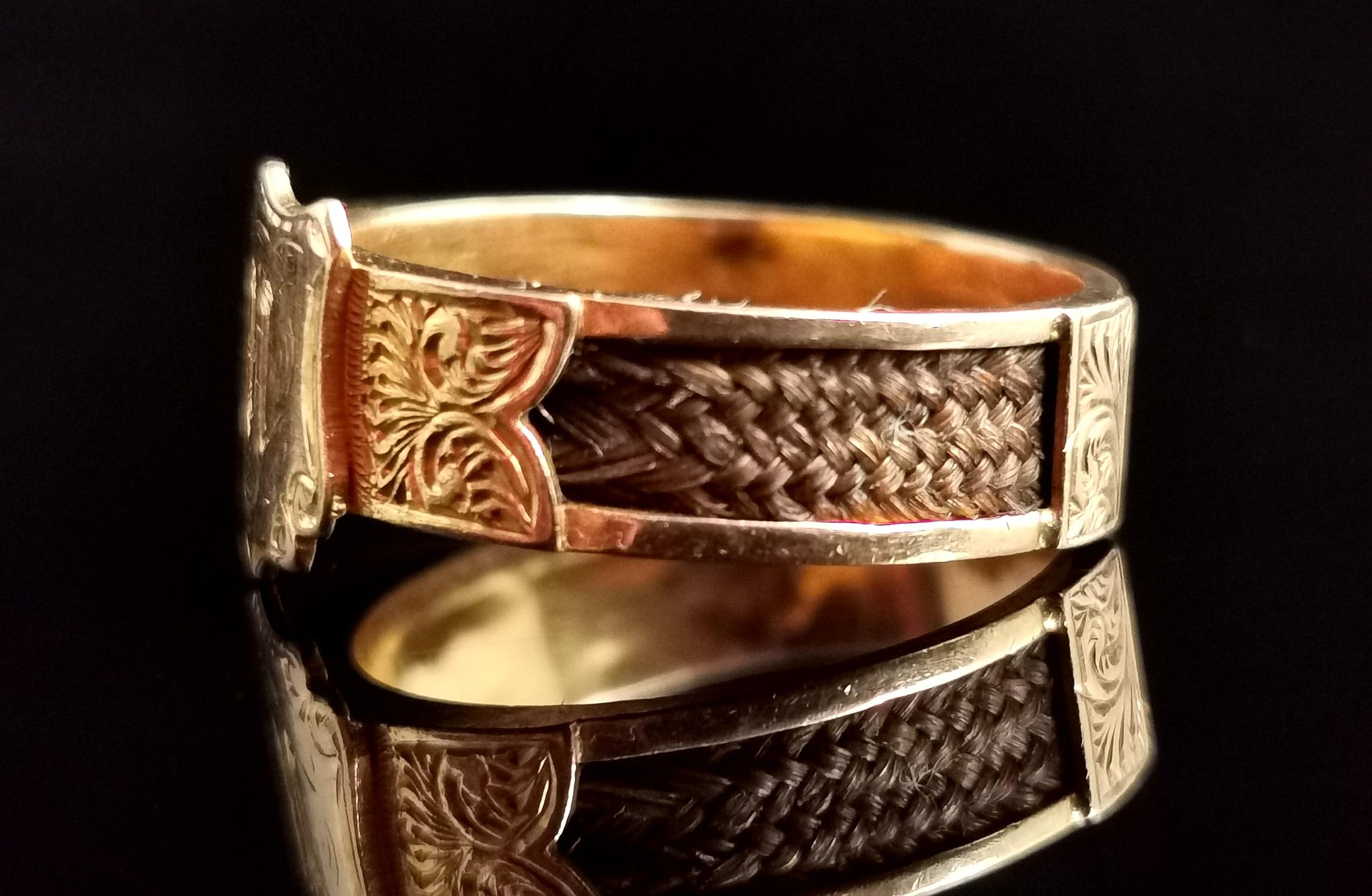 Women's or Men's Antique Victorian Mourning Ring, 18k Gold, Hairwork, Initial M Signet