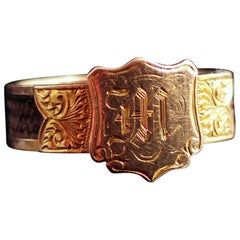 Antique Victorian Mourning Ring, 18k Gold, Hairwork, Initial M Signet