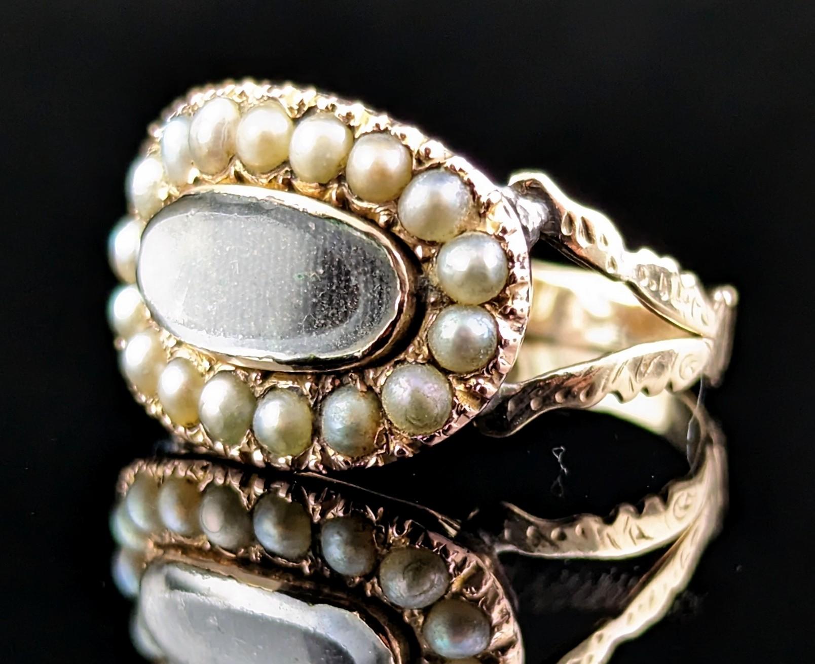 Antique Victorian Mourning Ring, 9k Gold, Split Pearl For Sale 5
