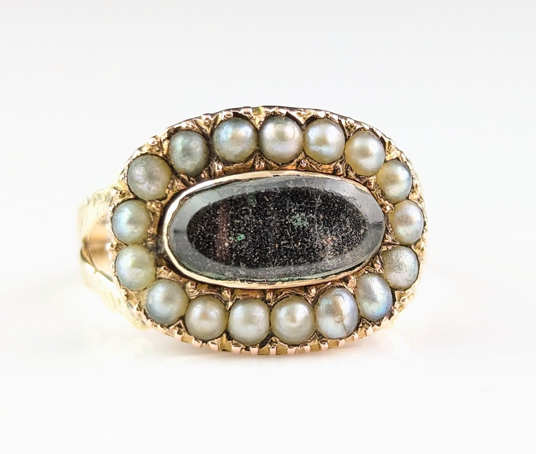 Antique Victorian Mourning Ring, 9k Gold, Split Pearl For Sale 8