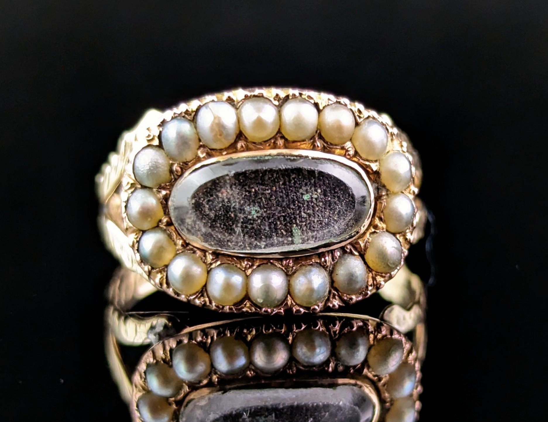 Cabochon Antique Victorian Mourning Ring, 9k Gold, Split Pearl For Sale