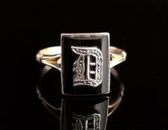 Antique Victorian Mourning Ring, Initial D, Onyx and Diamond, 9k Yellow Gold