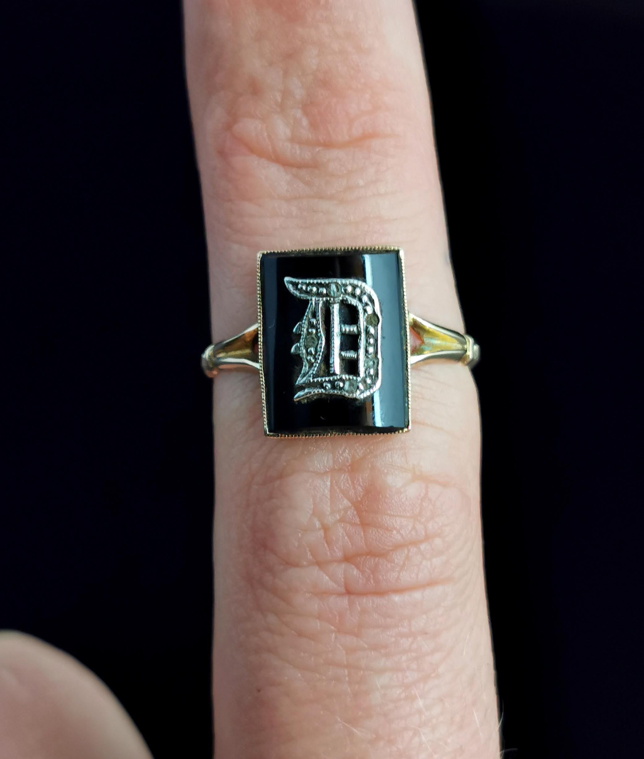 Rose Cut Antique Victorian Mourning Ring, Initial D, Onyx and Diamond, 9k Yellow Gold
