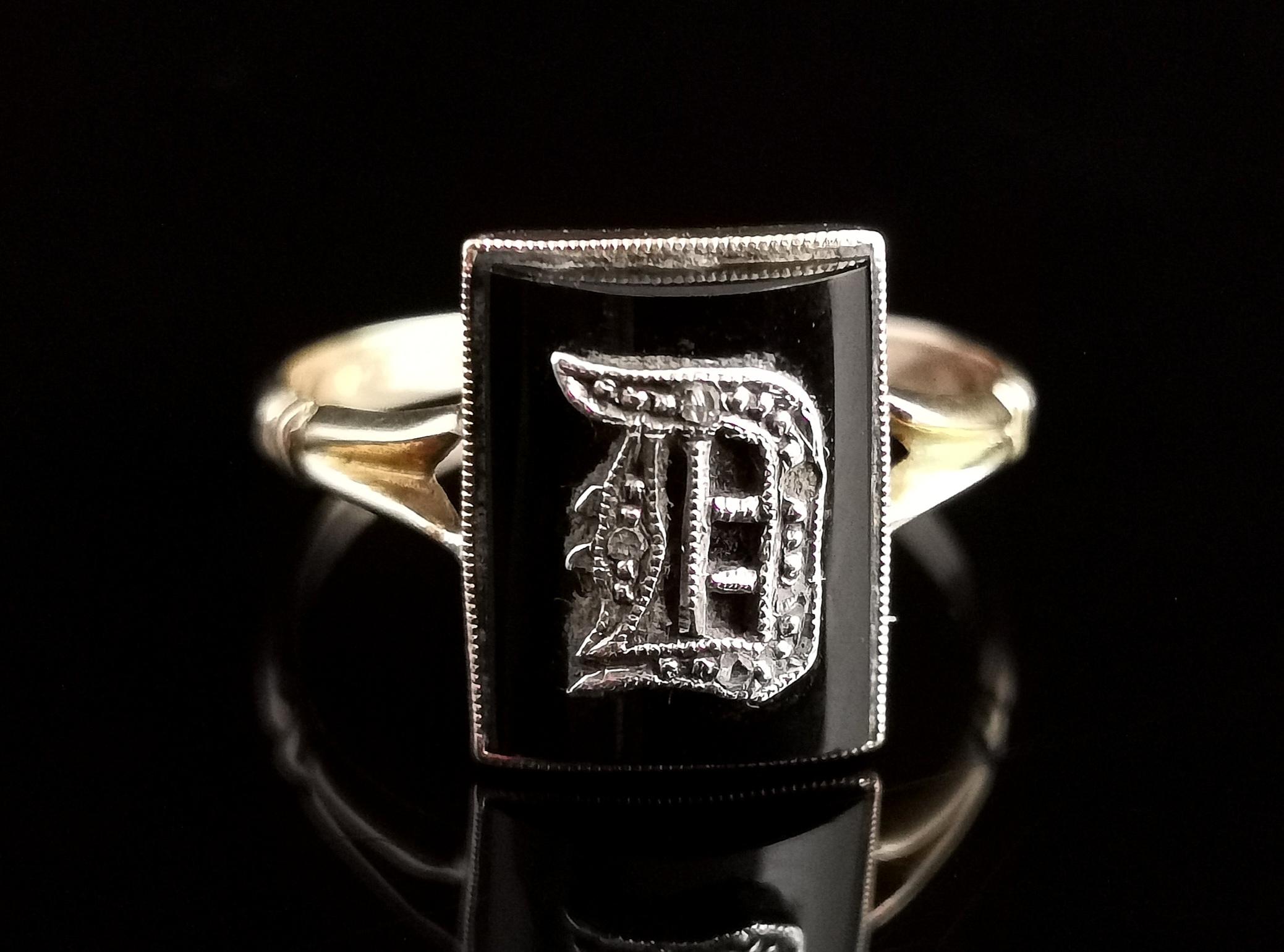 Antique Victorian Mourning Ring, Initial D, Onyx and Diamond, 9k Yellow Gold In Fair Condition In NEWARK, GB