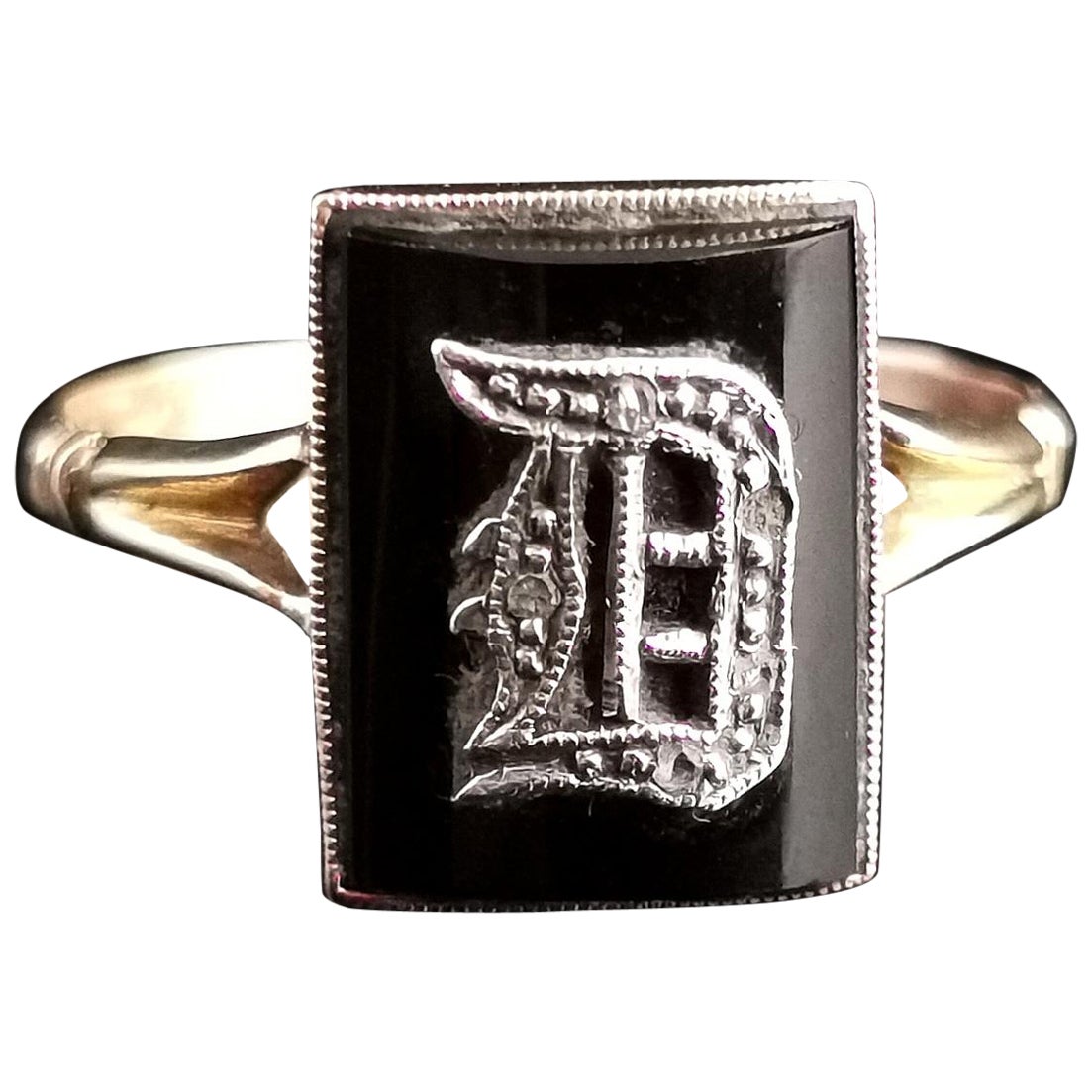 Antique Victorian Mourning Ring, Initial D, Onyx and Diamond, 9k Yellow Gold