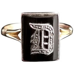 Antique Victorian Mourning Ring, Initial D, Onyx and Diamond, 9k Yellow Gold
