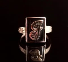 Antique Victorian Mourning Ring, Initial J, Onyx and 9kt Rose Gold