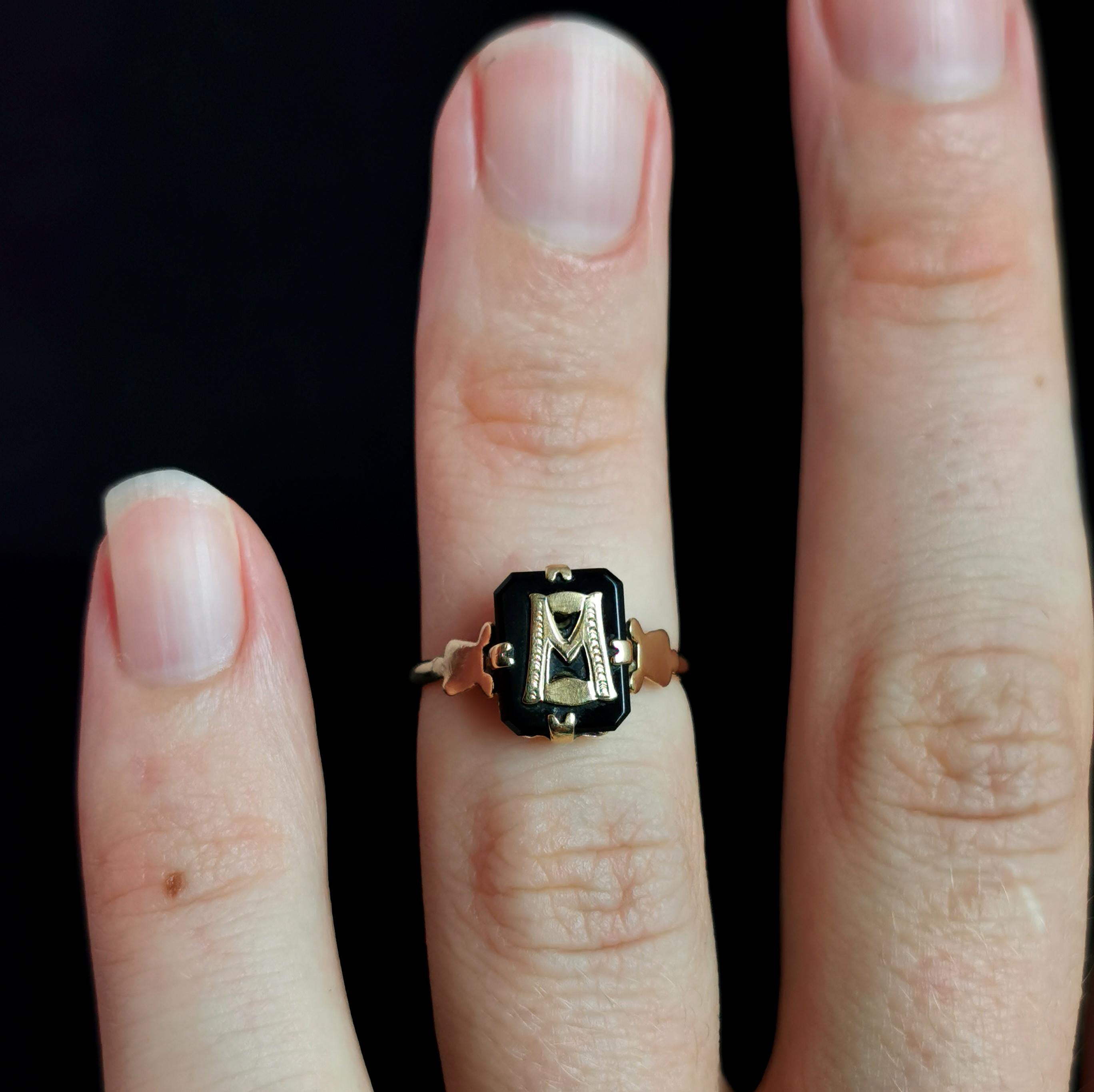 Antique Victorian Mourning Ring, Initial M, Onyx and 9 Karat Yellow Gold 2