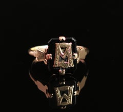 Antique Victorian Mourning Ring, Initial M, Onyx and 9 Karat Yellow Gold