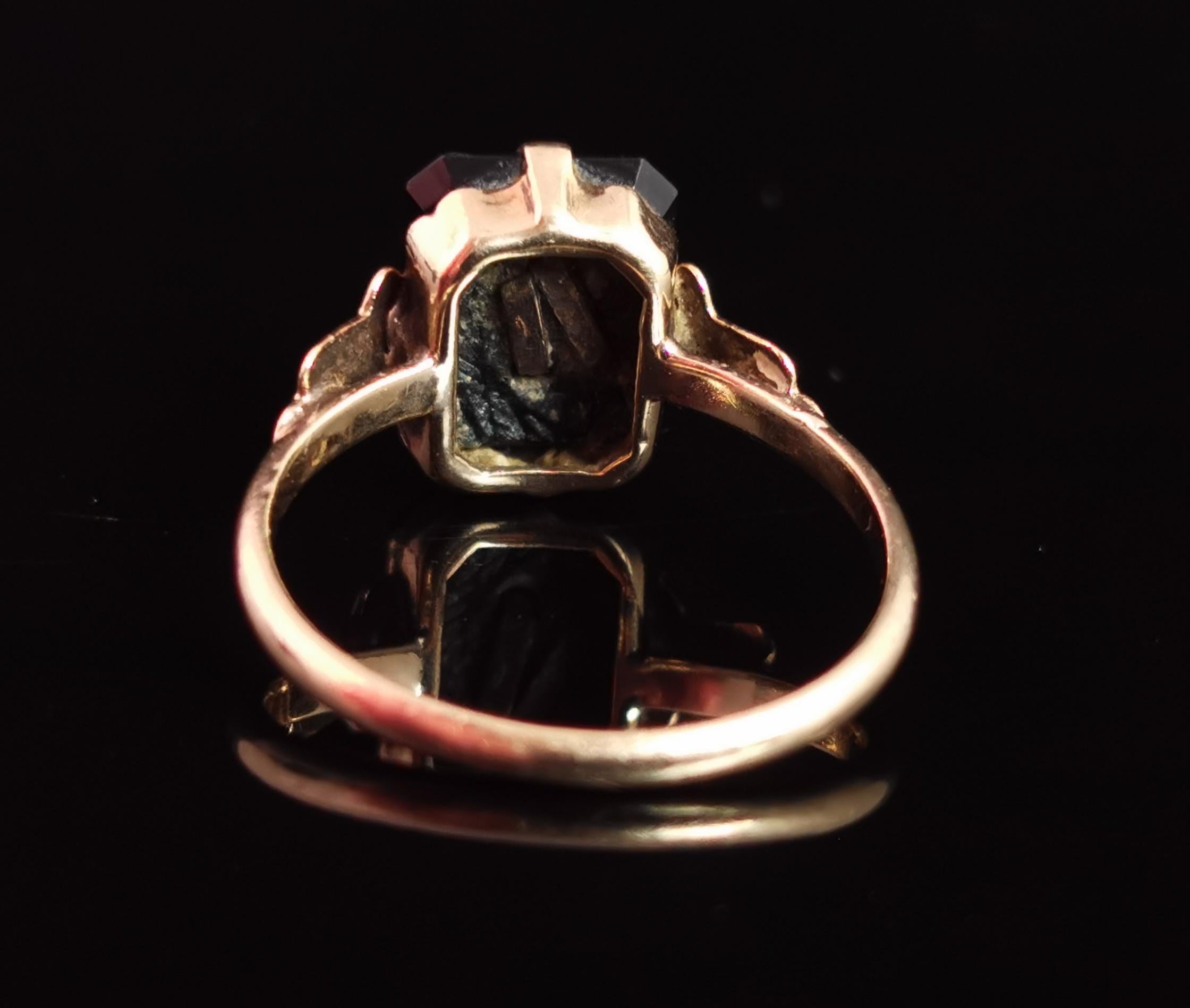 Single Cut Antique Victorian Mourning Ring, Initial M, Onyx and 9 Karat Yellow Gold