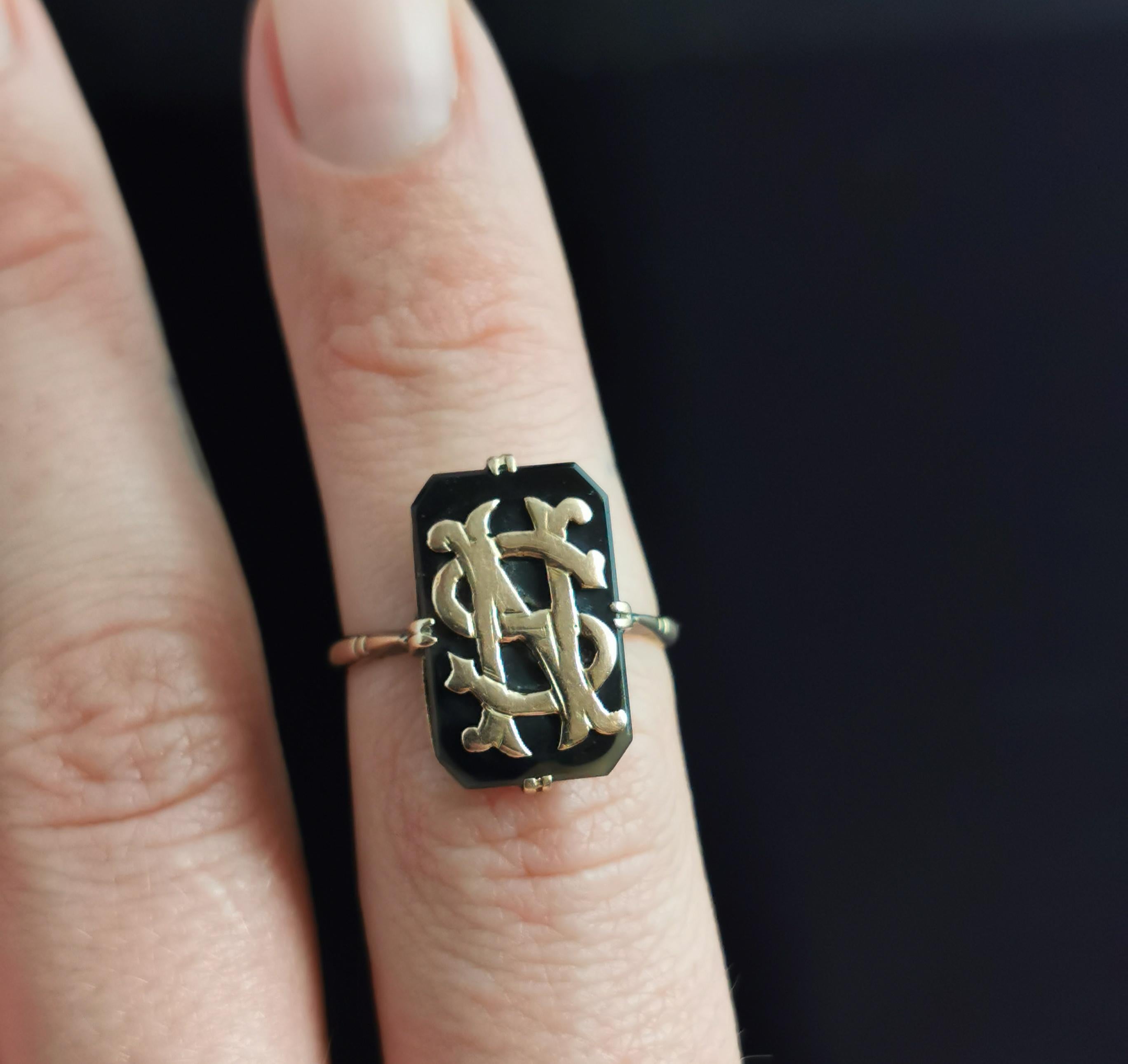Uncut Antique Victorian Mourning Ring, Initial NS, Onyx and 9 Karat Yellow Gold 