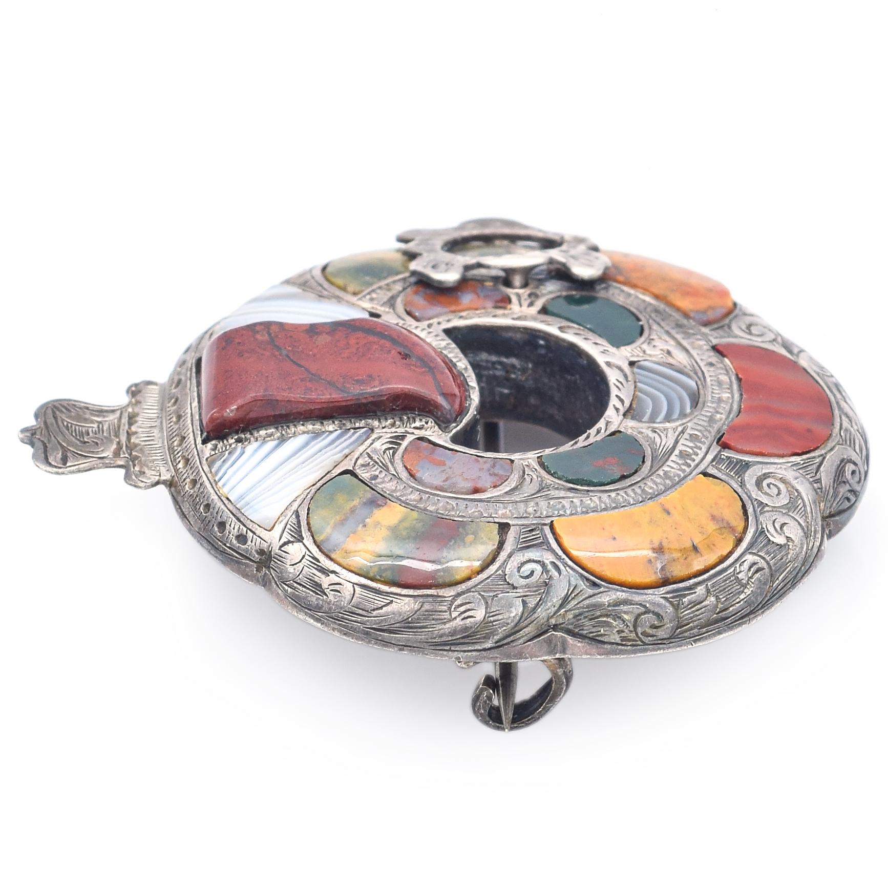 Mixed Cut Antique Victorian Multi-Stone Silver Scottish Garter Brooch Pin For Sale