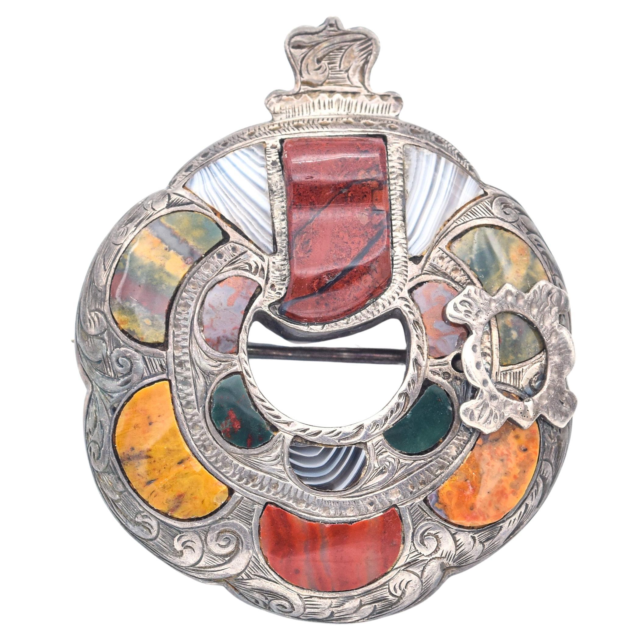 Antique Victorian Multi-Stone Silver Scottish Garter Brooch Pin For Sale