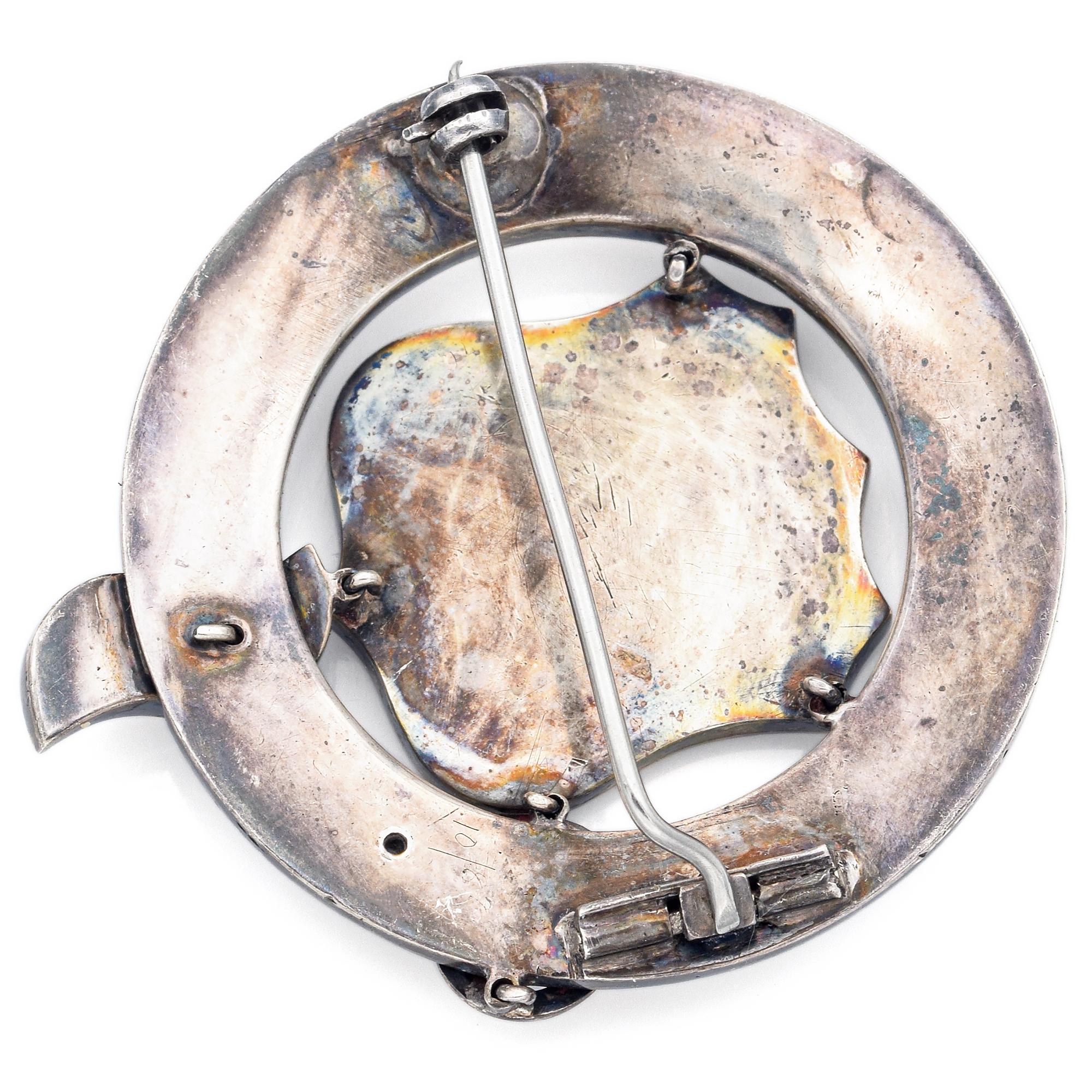 Mixed Cut Antique Victorian Multi-Stone Silver Scottish Shield Garter Pebble Brooch Pin For Sale