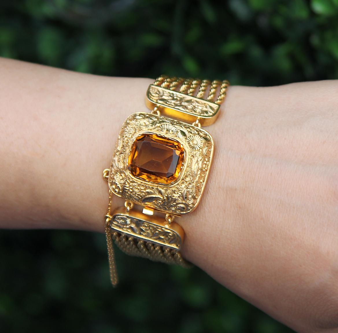 Victorian Citrine and 14/15 K Yellow Gold Antique Multistrand Bracelet  For Sale