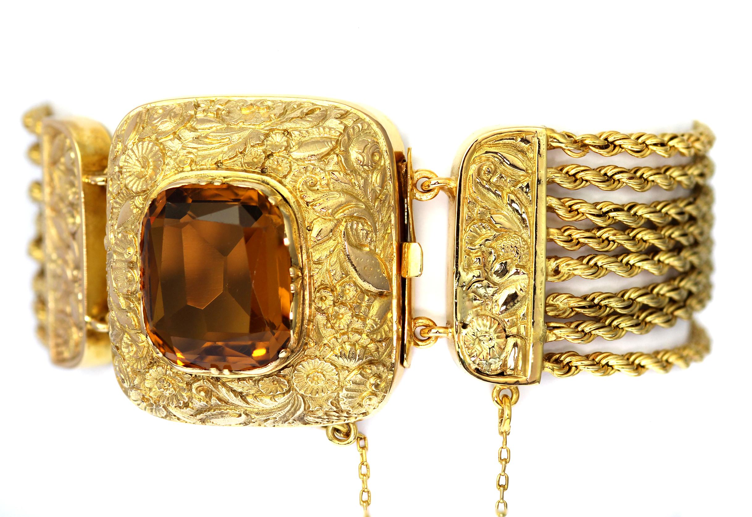Citrin und 14/15 K Gelbgold Antikes mehrstrangiges Armband  (Antiker Kissenschliff) im Angebot