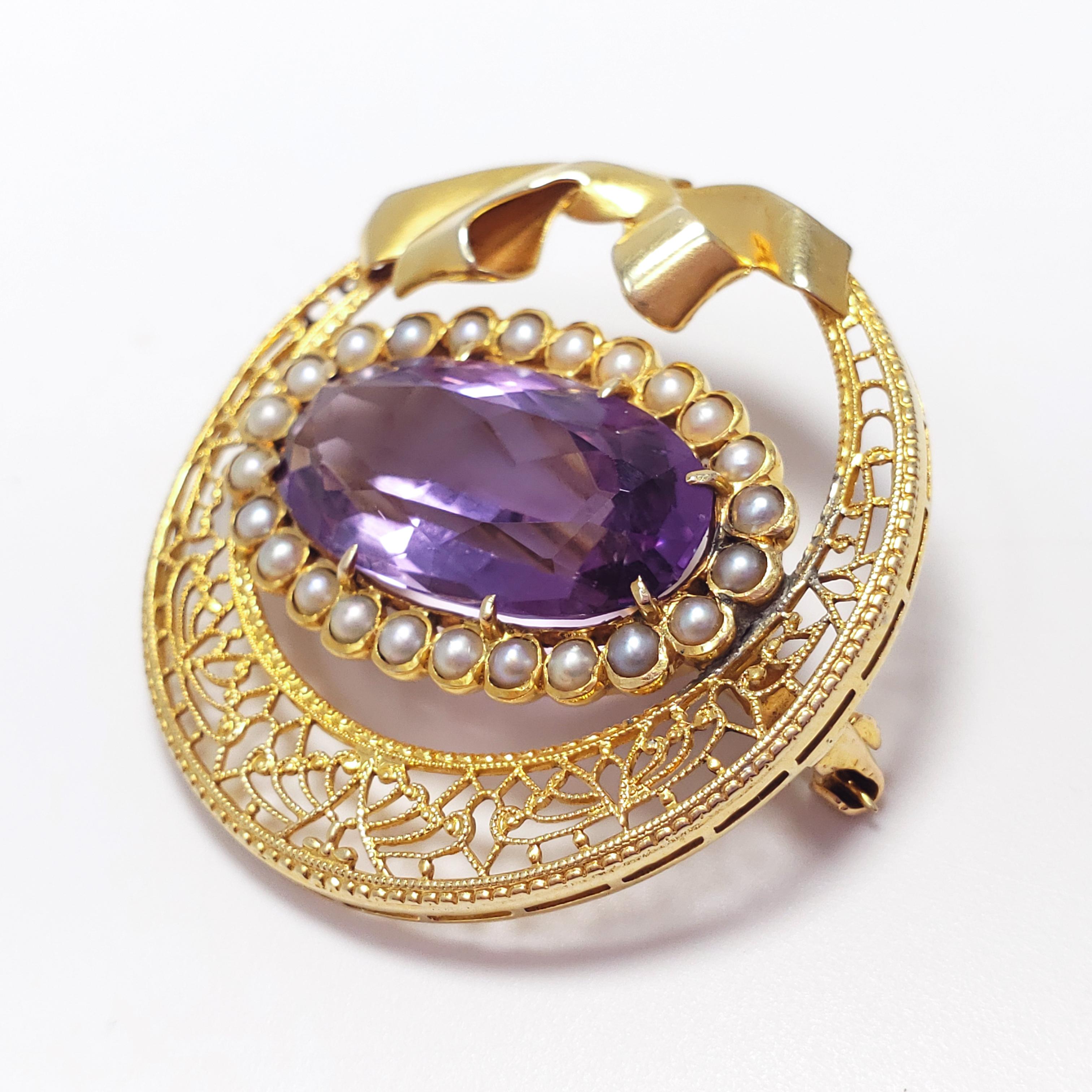 Oval Cut Antique Victorian Natural Amethyst & Seeded Pearl Brooch in 14KT Filigree Gold For Sale