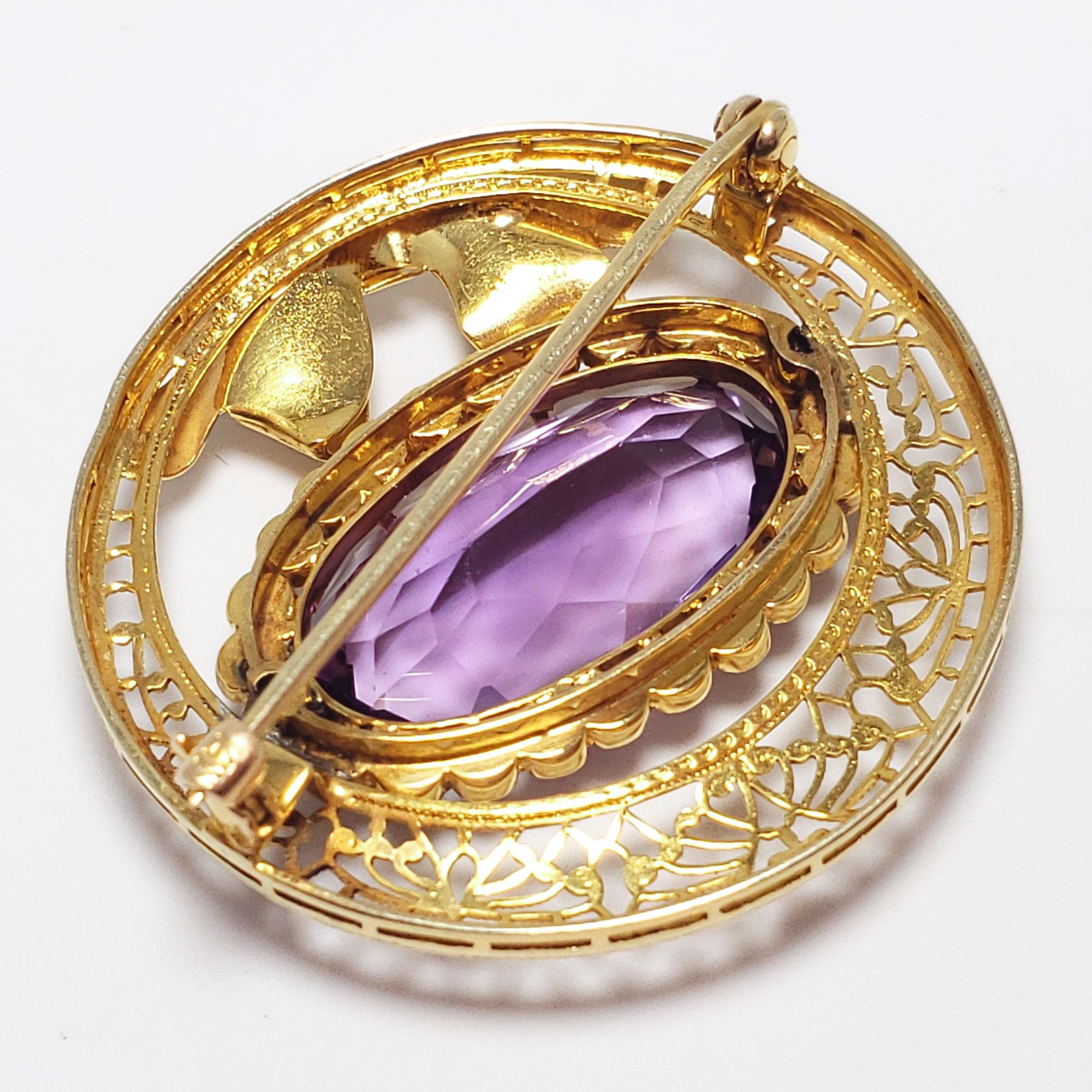 Antique Victorian Natural Amethyst & Seeded Pearl Brooch in 14KT Filigree Gold For Sale 1
