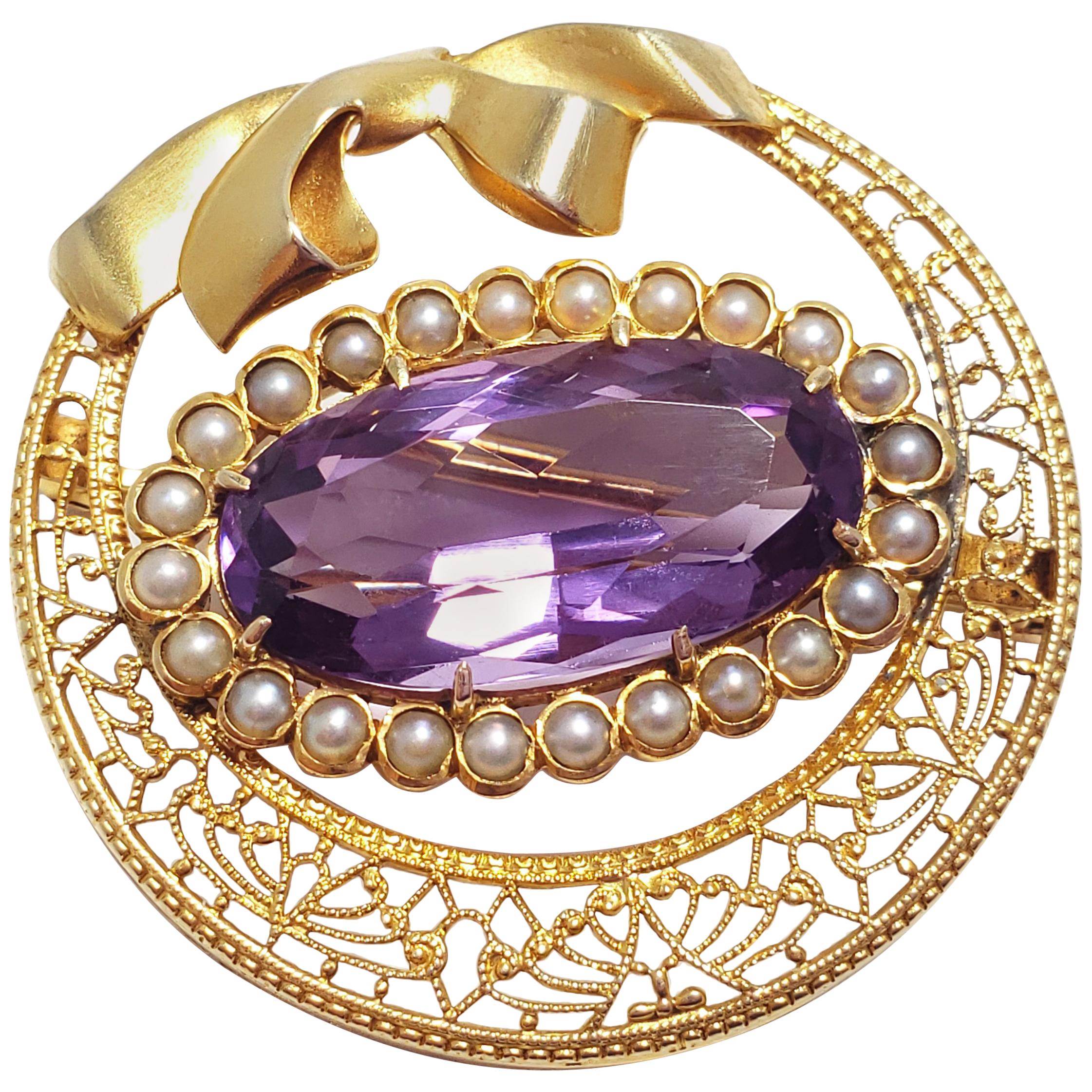 Antique Victorian Natural Amethyst & Seeded Pearl Brooch in 14KT Filigree Gold For Sale