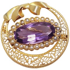 Antique Victorian Natural Amethyst & Seeded Pearl Brooch in 14KT Filigree Gold