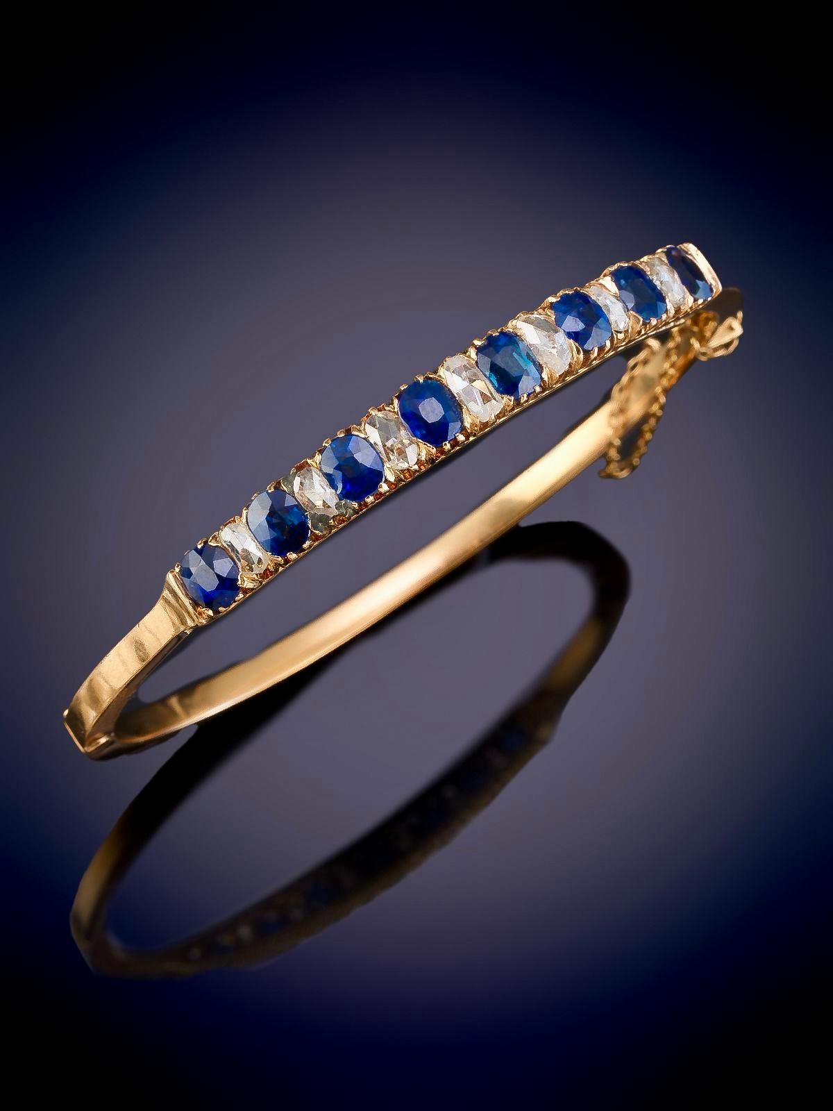 Oval Cut Antique Victorian Natural Blue Sapphire and Diamond Bracelet 19th Century For Sale