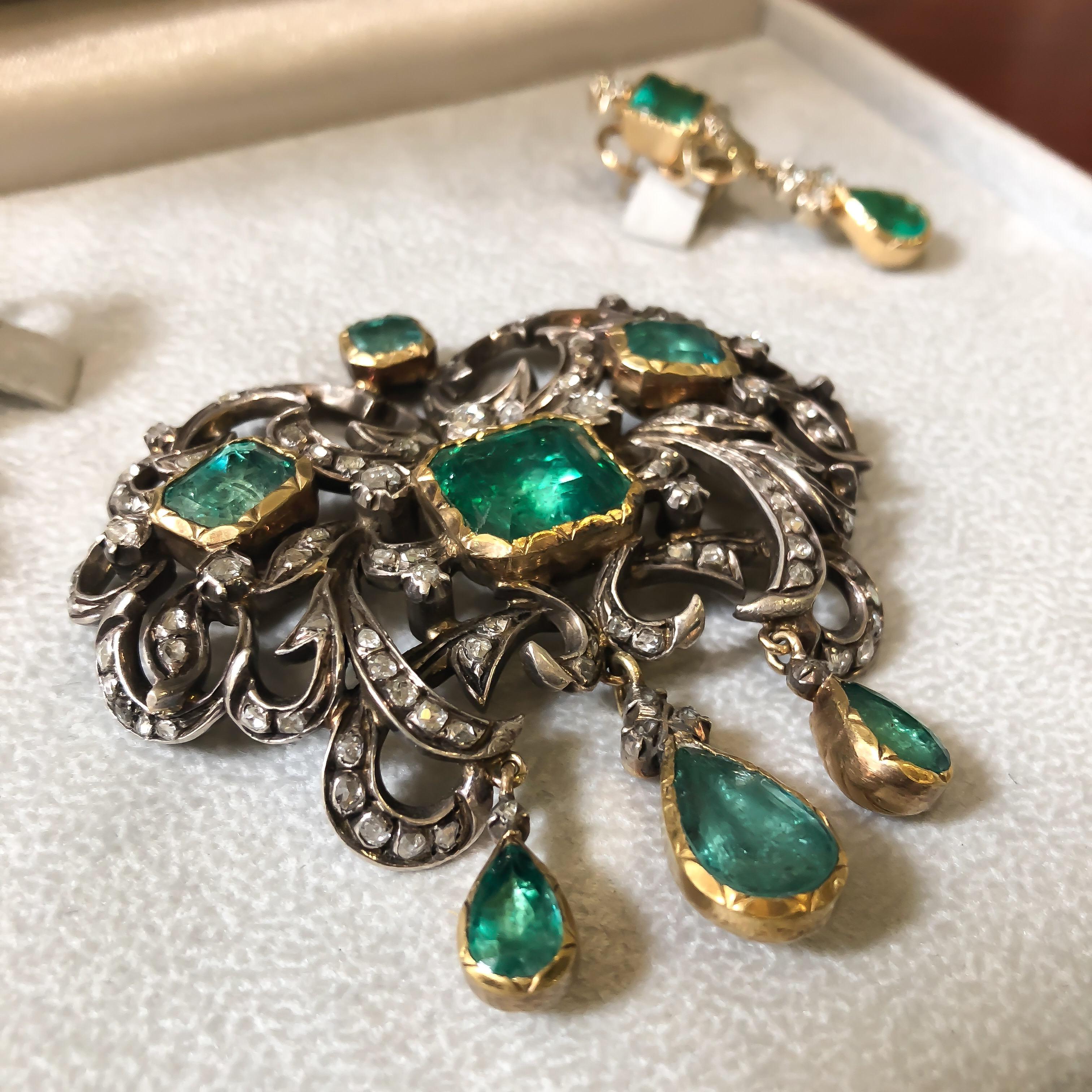 Emerald Cut Antique Victorian Natural Emerald and Diamond Brooch and Earrings 