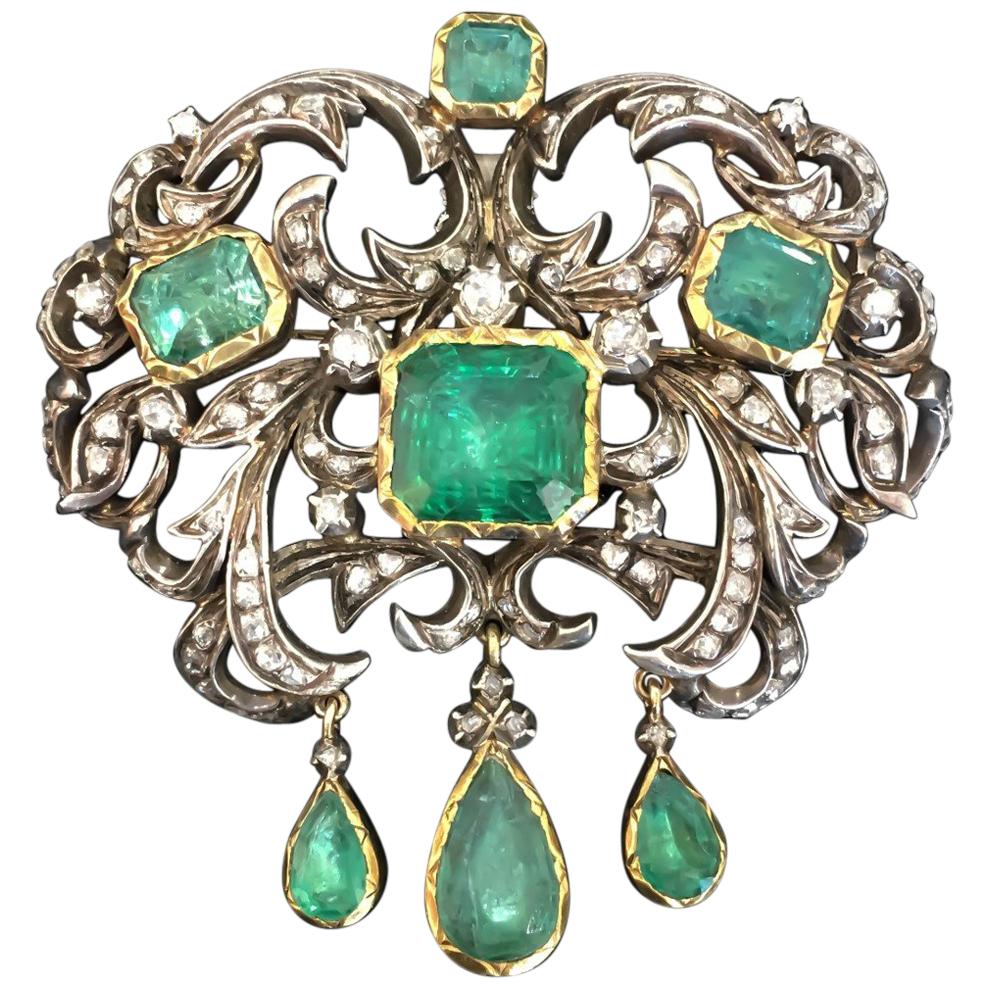 Antique Victorian Natural Emerald and Diamond Brooch and Earrings 