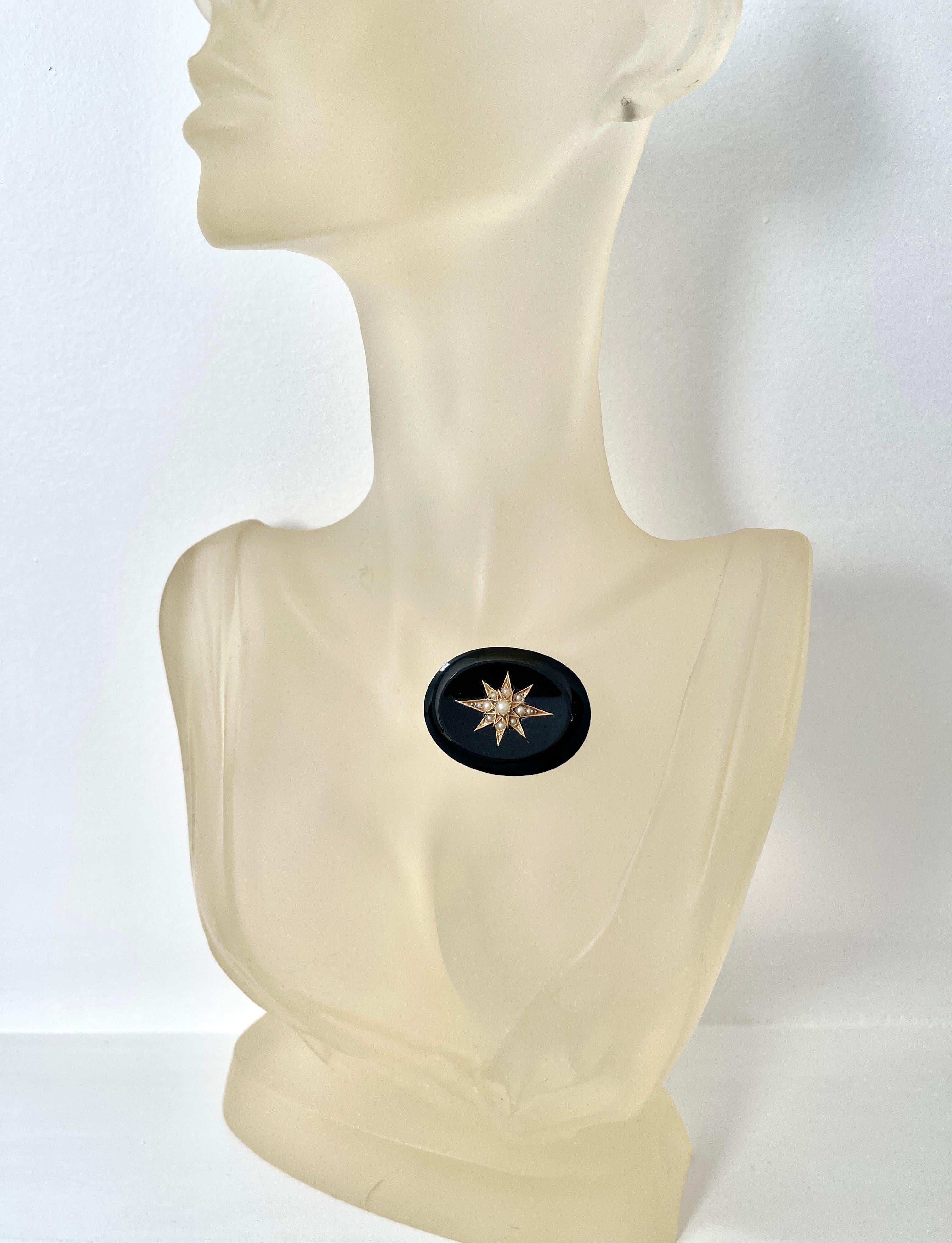 Antique Victorian Natural Onyx Pearl Starburst Mourning Brooch 15ct Rose Gold For Sale 6